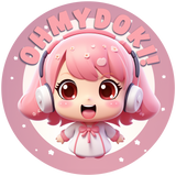 Doki mascot with a joyful expression, pink themed, wearing headphones and the OhMyDoki logo on top.